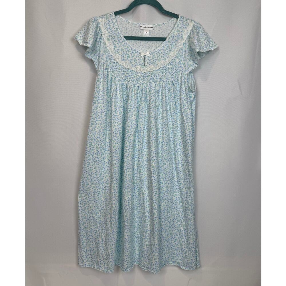 Miss Elaine Vintage Nightgown Size M Blue Floral Smocked Lace Cottagecore